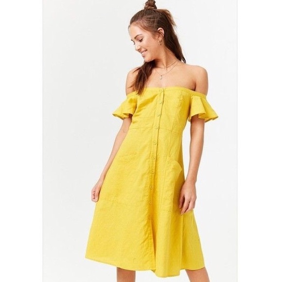 Forever 21 Dresses & Skirts - Marigold yellow off the shoulder linen  midi dress